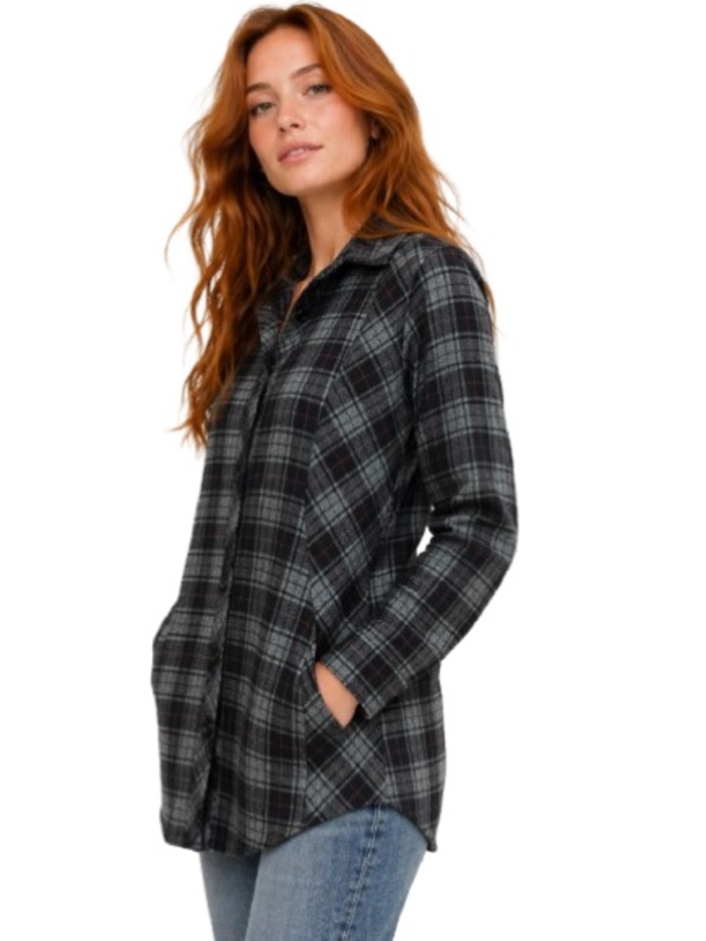 Blue B Plaid Button Front Shirt Jacket Large Black Gray Pocket Shacket Cozy